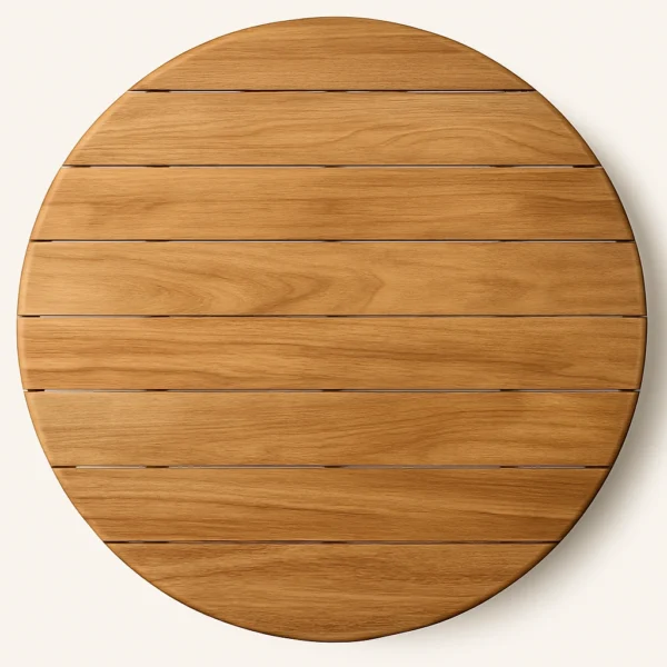 Luxury teak outdoor coffee table with slatted rounded top on resort patio