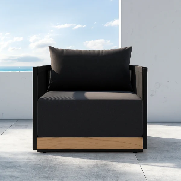 Luxury teak single seater armchair on a modern outdoor villa patio