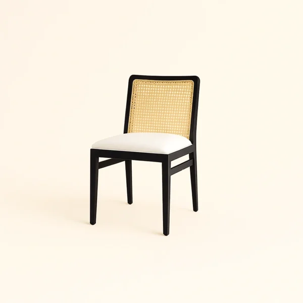 Aruna dining side chair rattan solid teak wood frame with natural rattan backrest and upholstered seat.