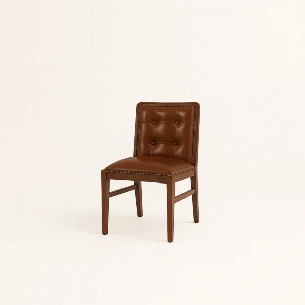 Aruna dining side chair leather with solid teak wood frame and chesterfield tufted backrest.