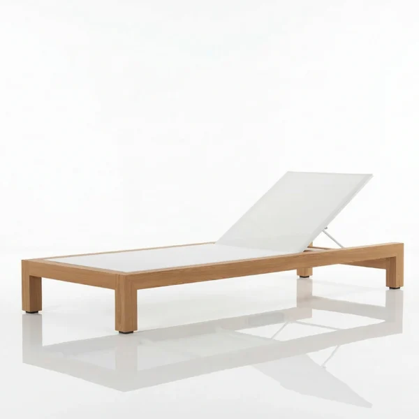 Aura teak sun lounger sustainable teak frame with breathable mesh seat.