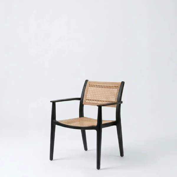Cafe 02 hand-woven natural cane armchair featuring modern frame and woven backrest.