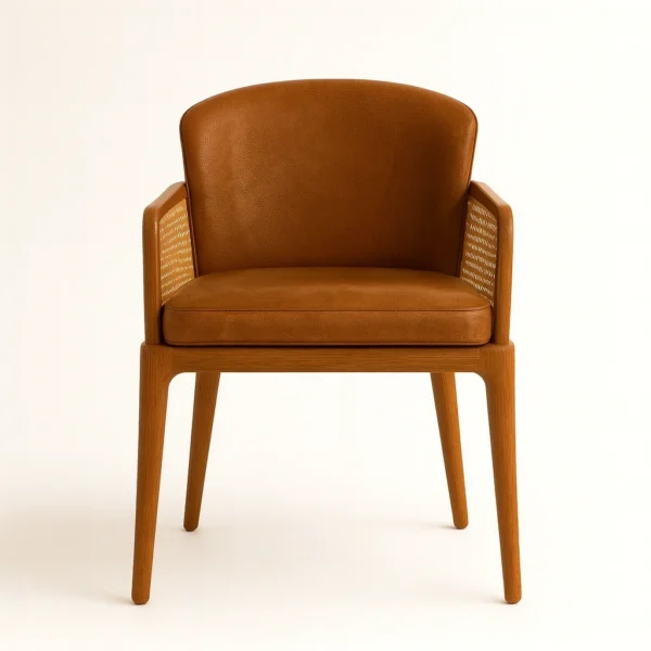 Elora natural rattan backrest dining chair featuring a solid teak wood frame.
