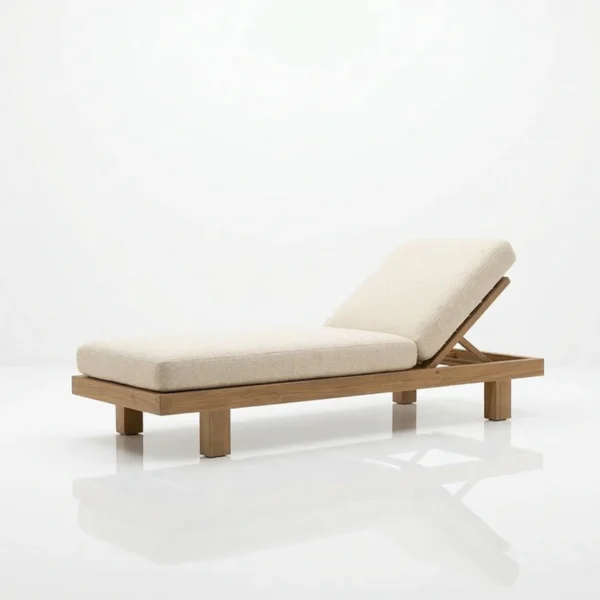 Kosu teak sun lounger solid teak wood frame with armless design and adjustable backrest.