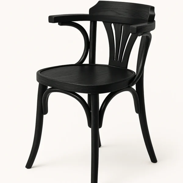 Kopitiam style wooden chair with a solid frame showcasing retro curved arms and a fan-back rest.