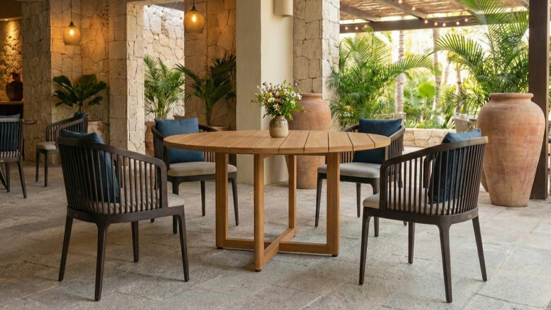 dark color outdoor chair, teak wood chair with cushion