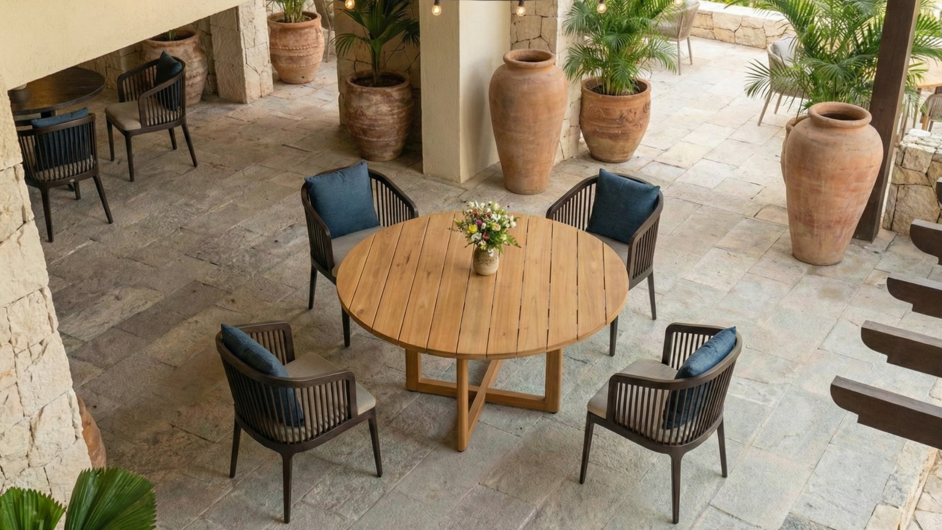 dark color outdoor chair, teak wood chair with cushion