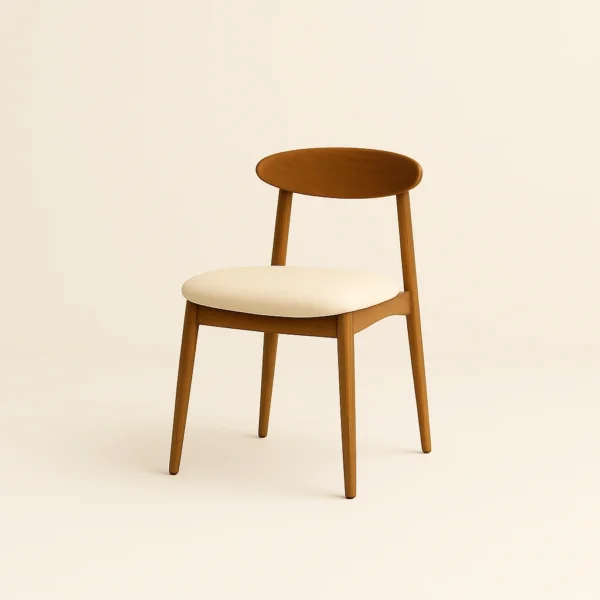 Mailis dining chair featuring a light solid teak wood frame and an upholstered seat pad.
