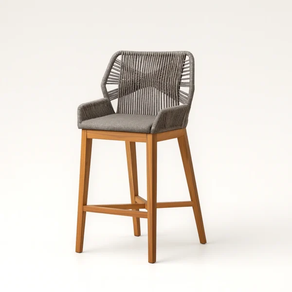 Side view highlighting the softly curved arms of the Mira modern teak bar chair.