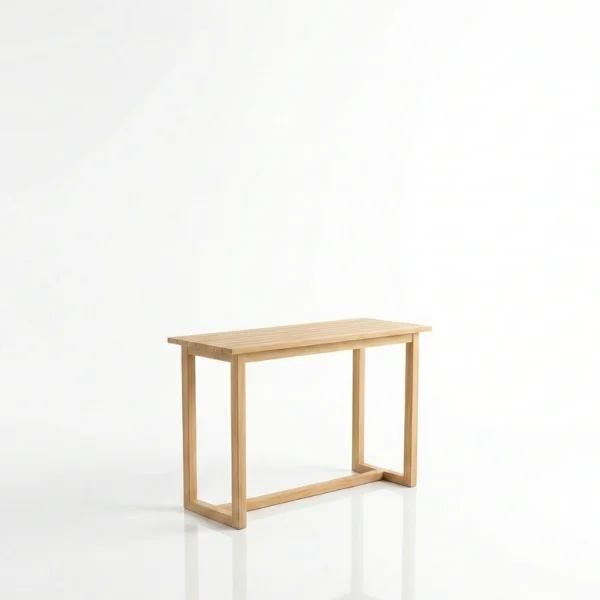 Senara bar table l150 sustainably sourced teak bar table with slatted top in studio setting.