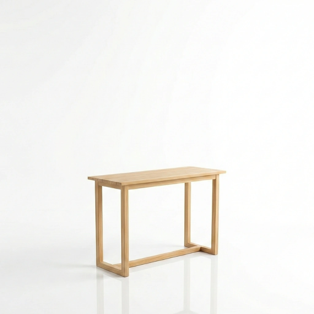 Senara bar table l150 sustainably sourced teak bar table with slatted top in studio setting.