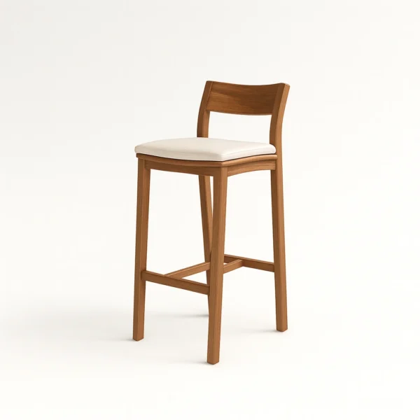 Arlo teak bar chair solid teak wood bar chair with footrest in studio setting.