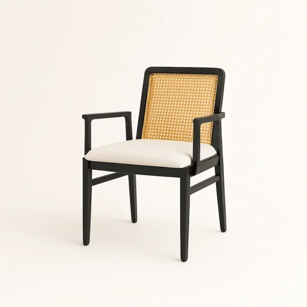 Aruna arm chair rattan solid teak wood frame with handwoven rattan backrest and upholstered seat.