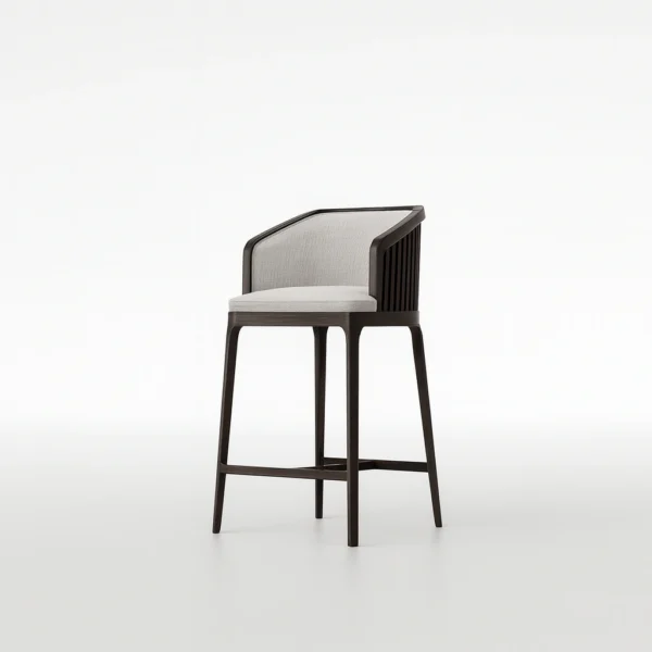 Rear angle of the Laro modern teak bar chair showcasing its slim open-back silhouette.