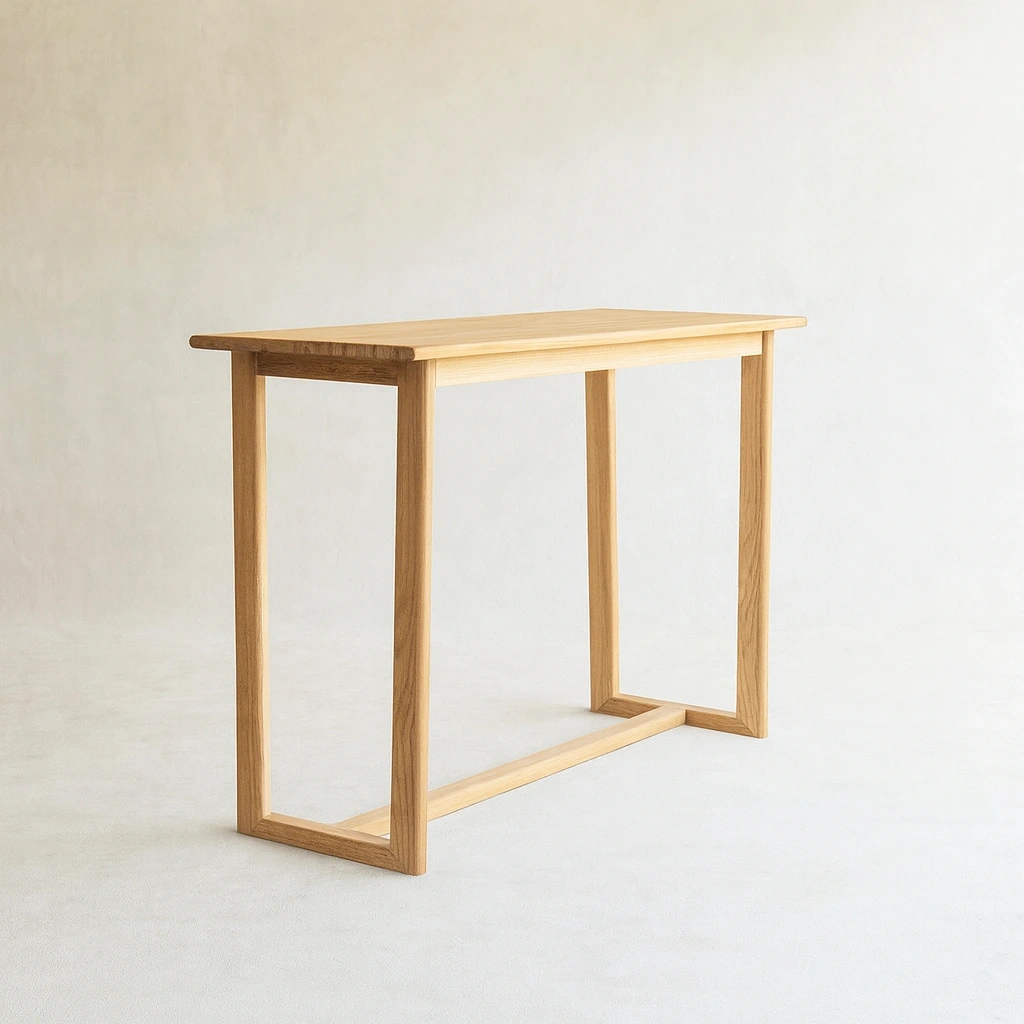 Close-up texture view of the slatted teak outdoor bar table surface and natural wood grain.