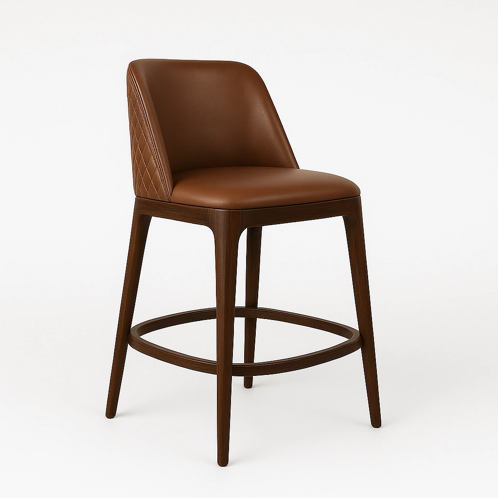 Solid teak bar chair showing natural golden wood grain and curved backrest