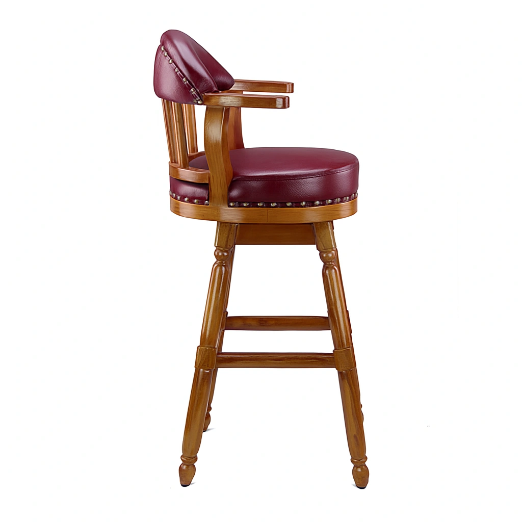 Vintage wooden bar chair showing natural timber finish and side angle