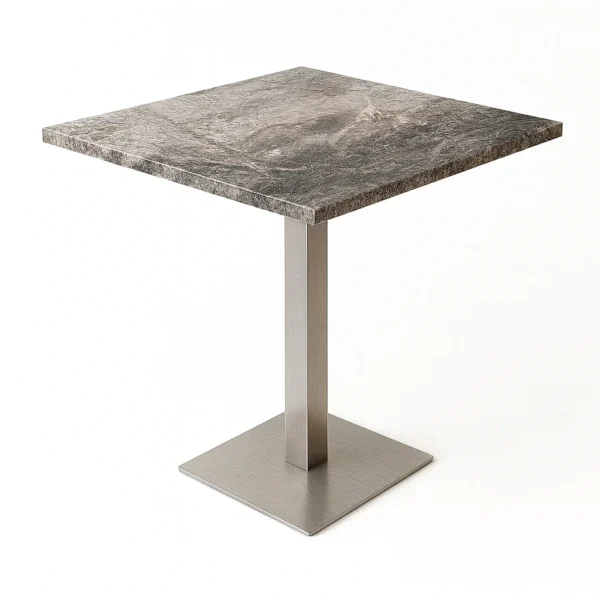 Close-up of marble restaurant dining table surface showing natural stone veining texture