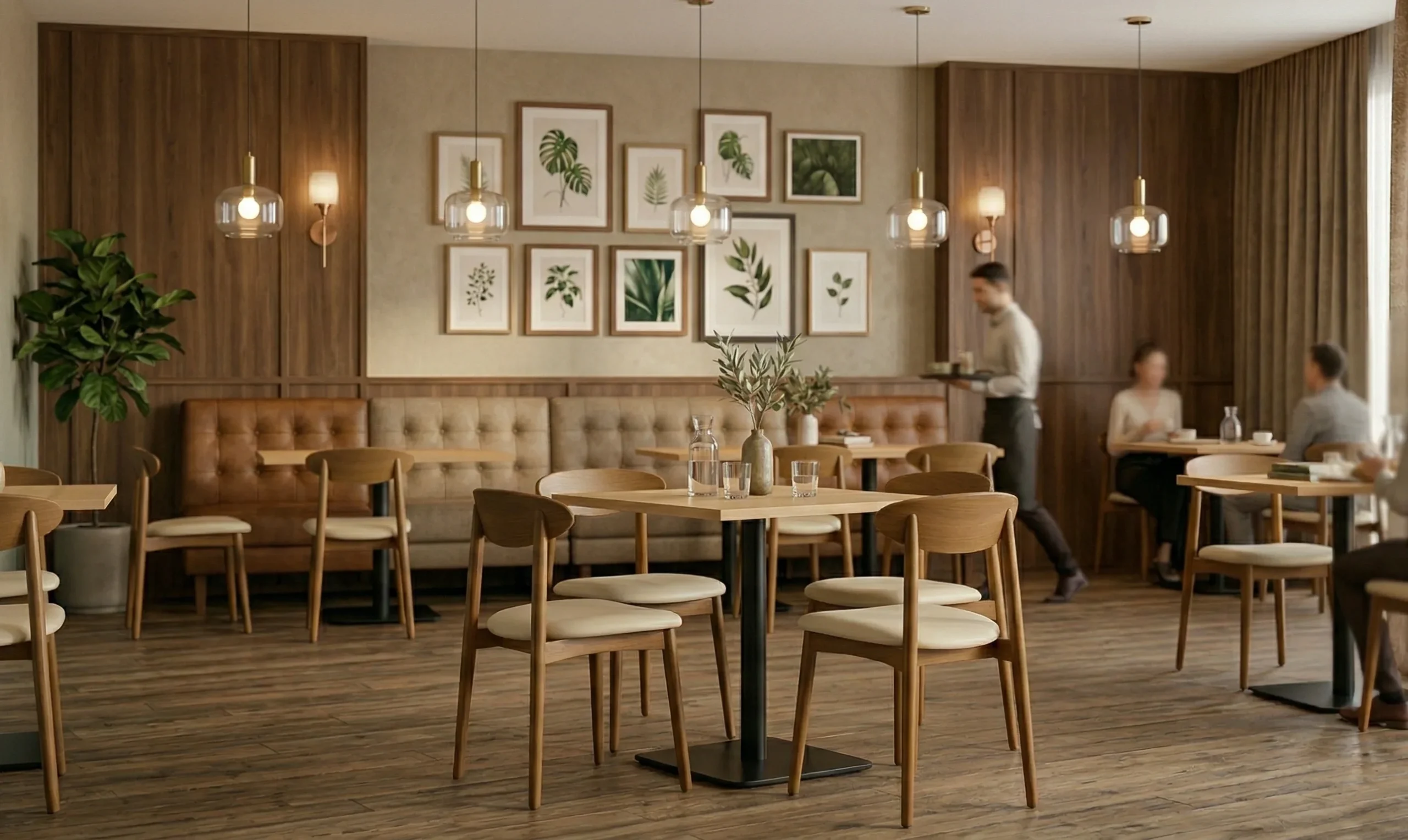 Modern wooden dining table styled in a brightly lit dining room