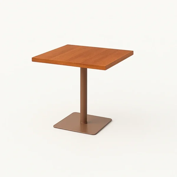 Close-up of solid teak wood dining table surface showing natural grain pattern