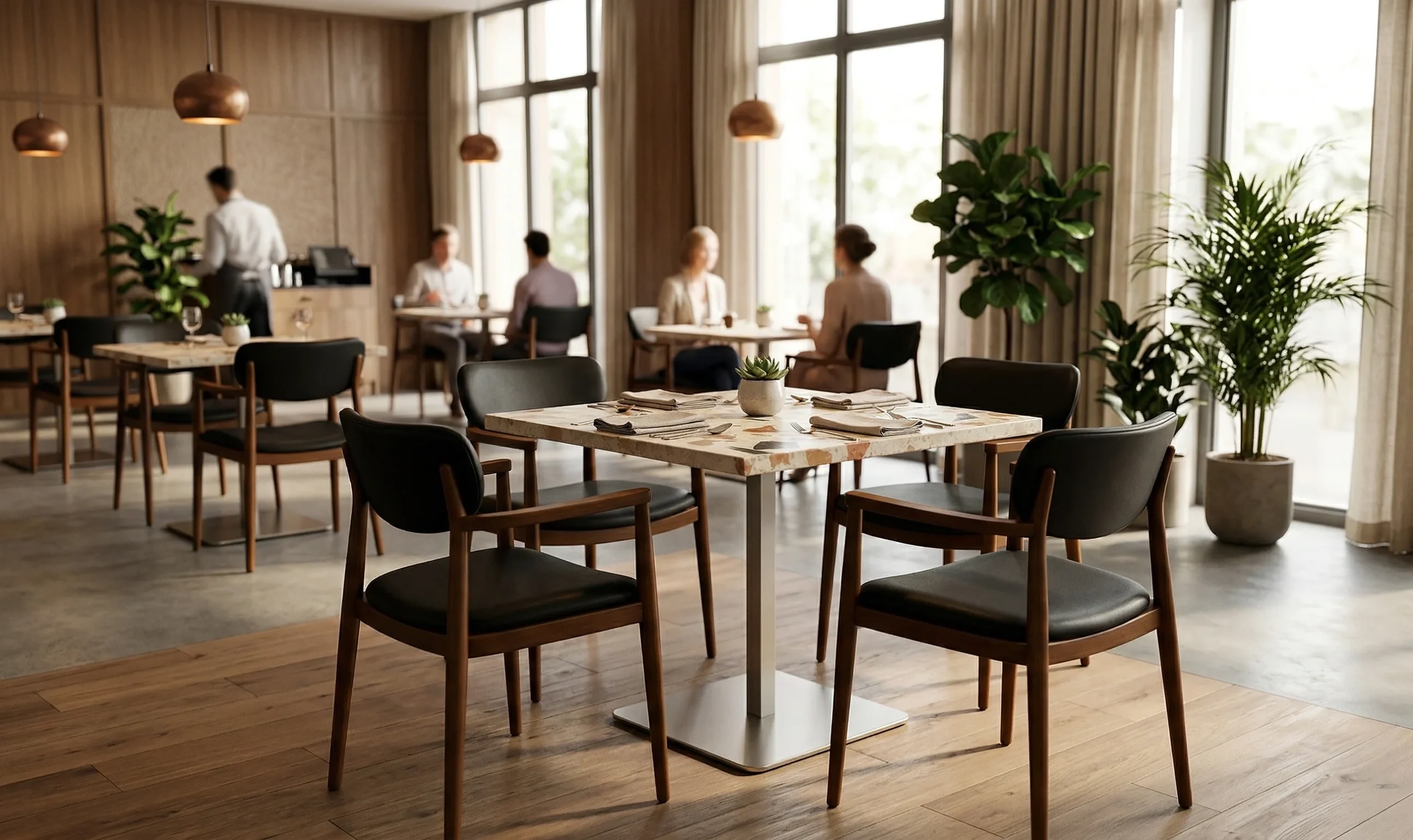 Terrazzo restaurant dining tables arranged in a modern bistro setting