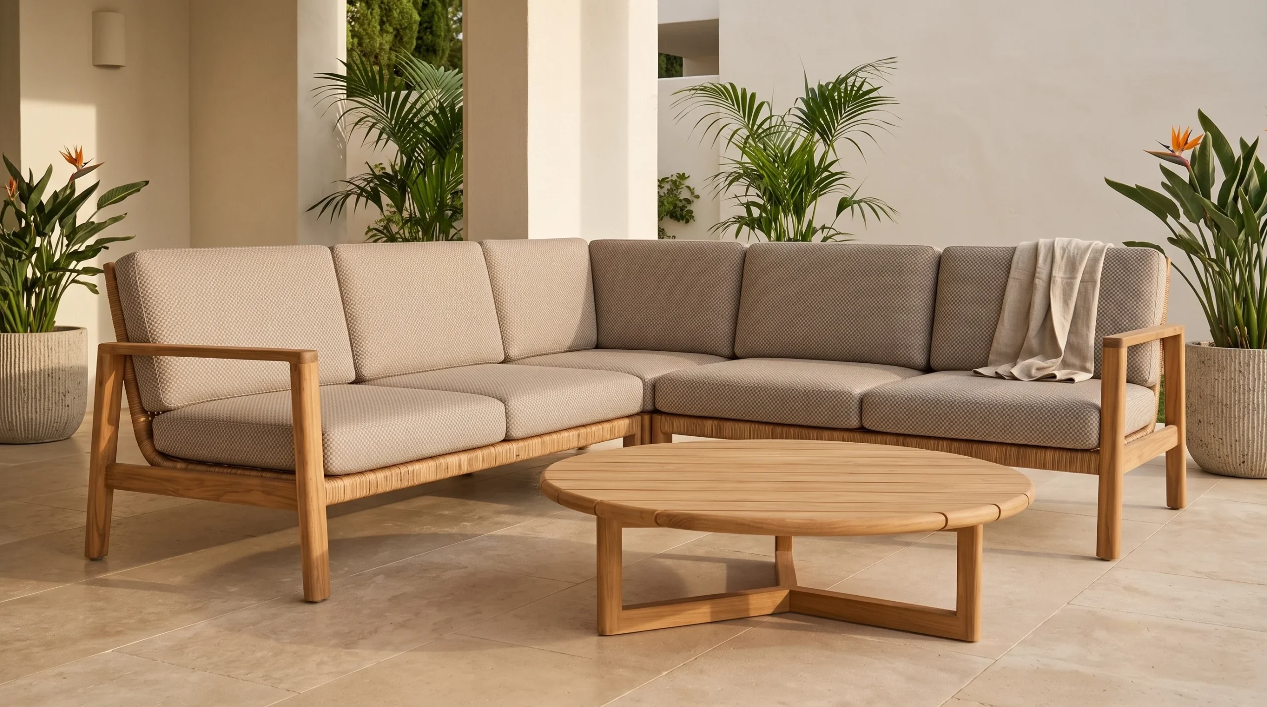 Senara outdoor L shape teak sofa with weather-resistant cushions by Urban Maisons