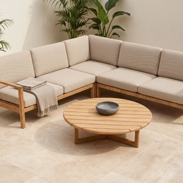 Close-up of solid teak frame texture and smooth joinery on Senara outdoor sofa
