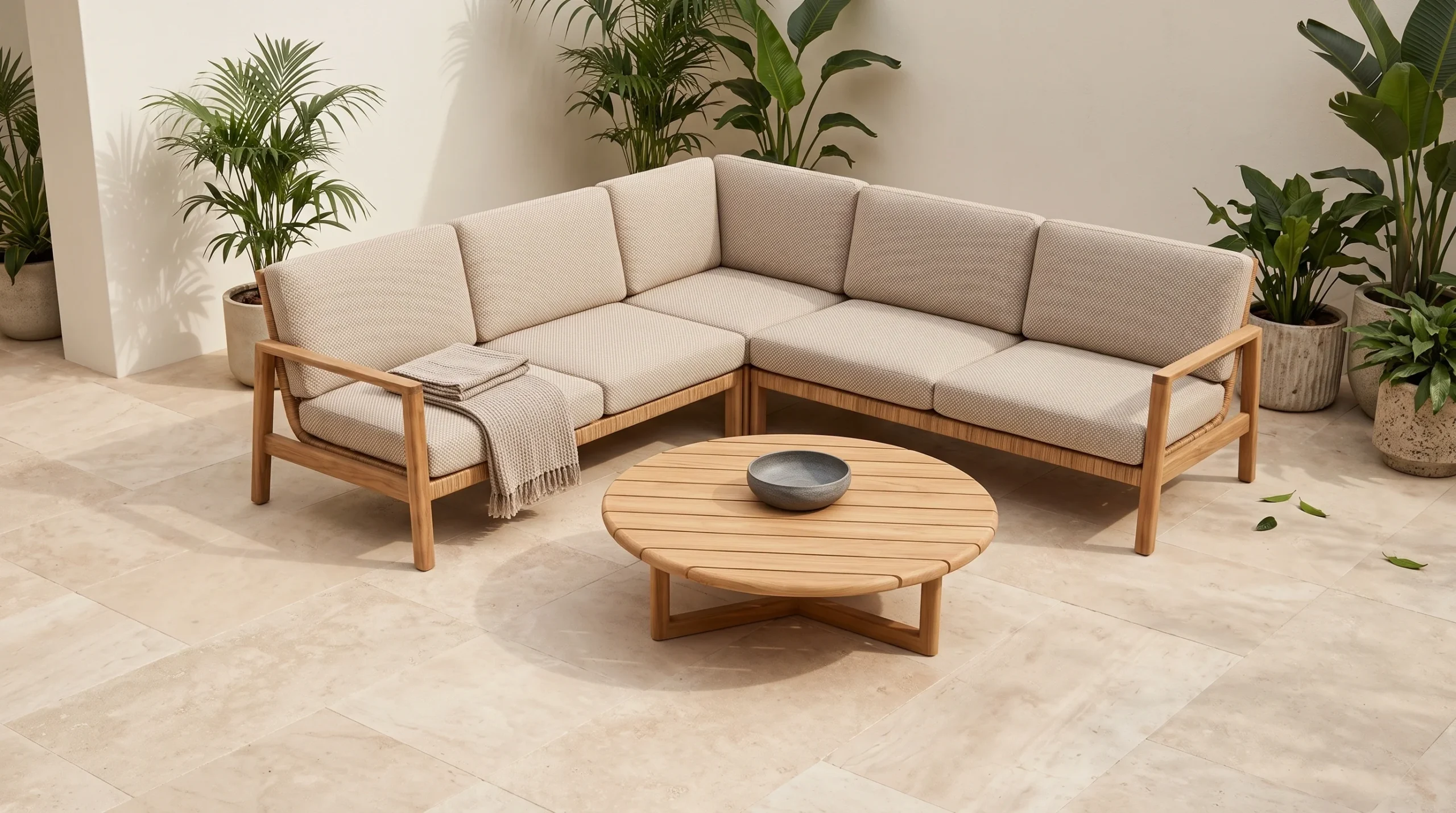 Close-up of solid teak frame texture and smooth joinery on Senara outdoor sofa