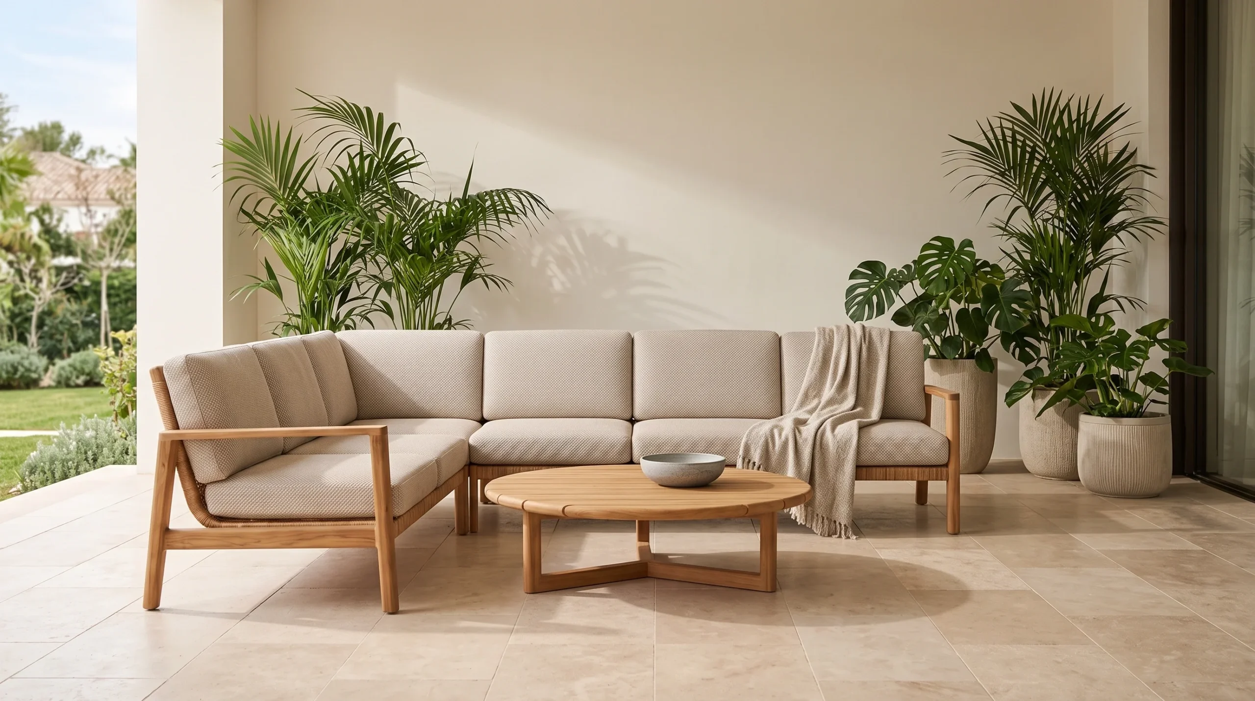 Close-up of water-repellent outdoor cushion fabric on Senara teak sofa