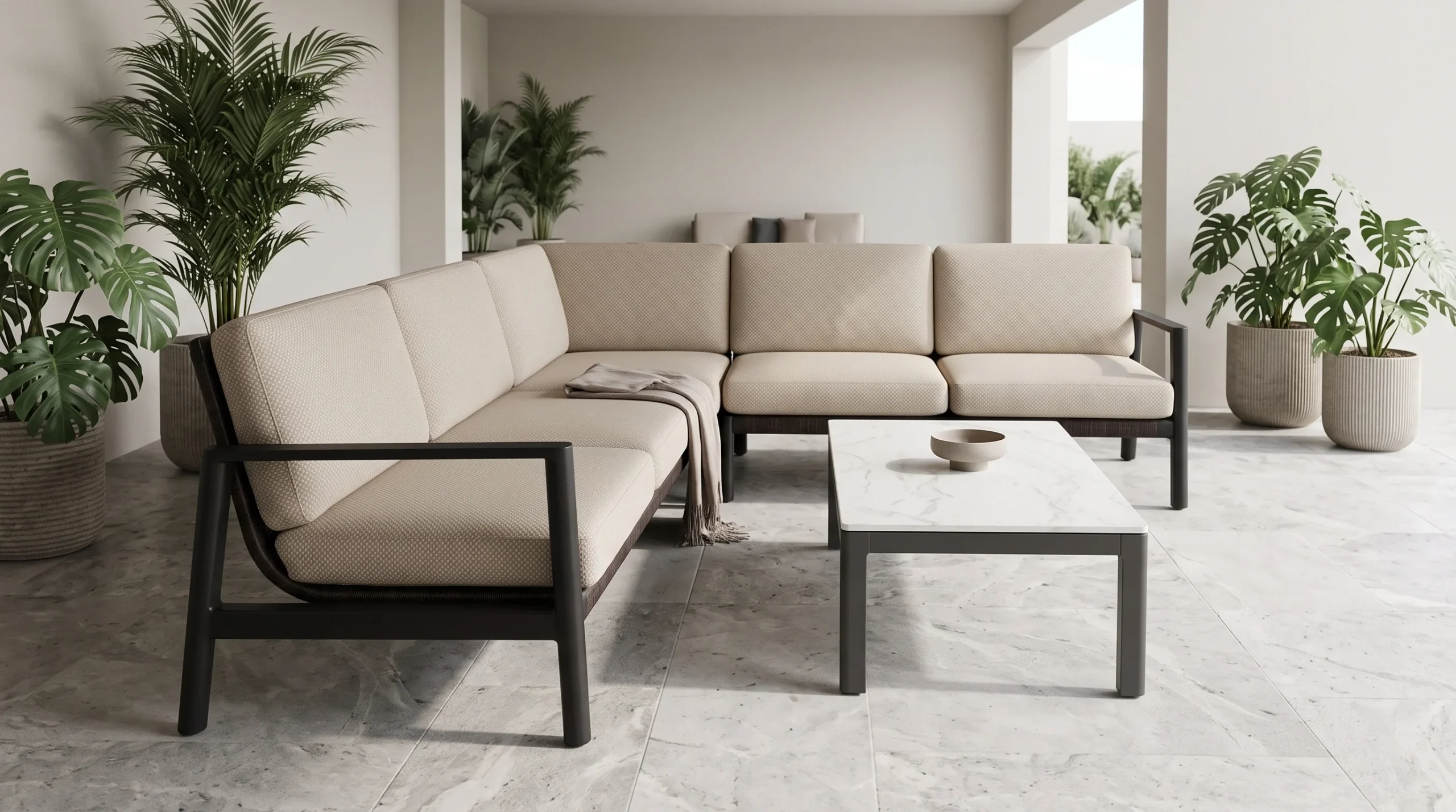 Senara L shape aluminum outdoor sofa with weather-resistant cushions by Urban Maisons