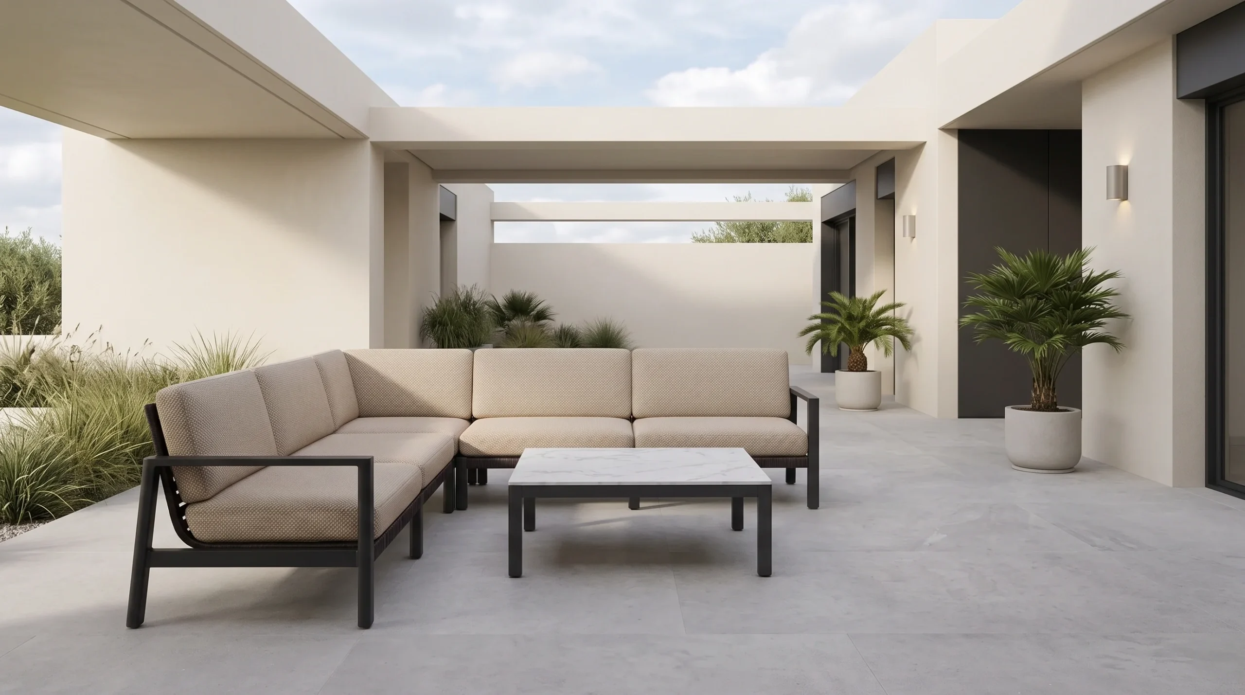 Close-up of powder-coated aluminum frame finish on Senara outdoor L shape sofa