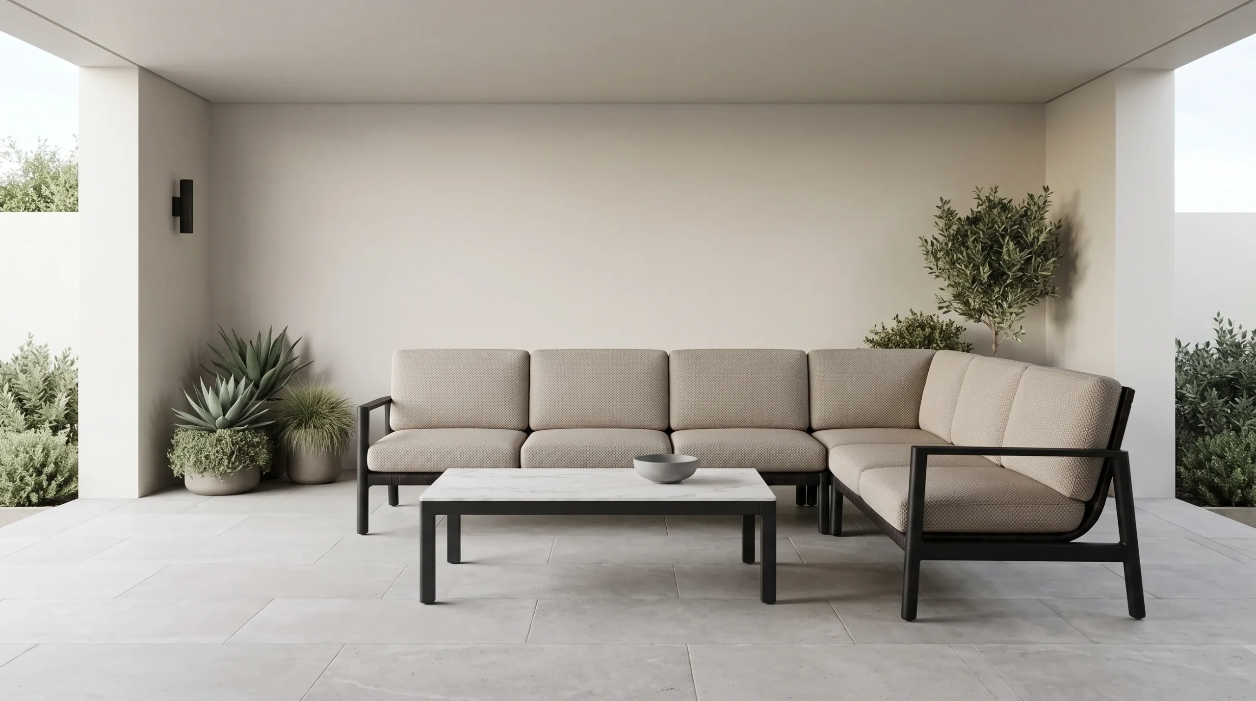 Close-up of water-repellent outdoor cushion fabric on Senara aluminum sofa