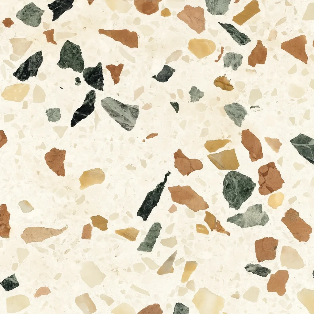 Close-up of terrazzo table surface showing colorful marble chip inclusions and smooth finish